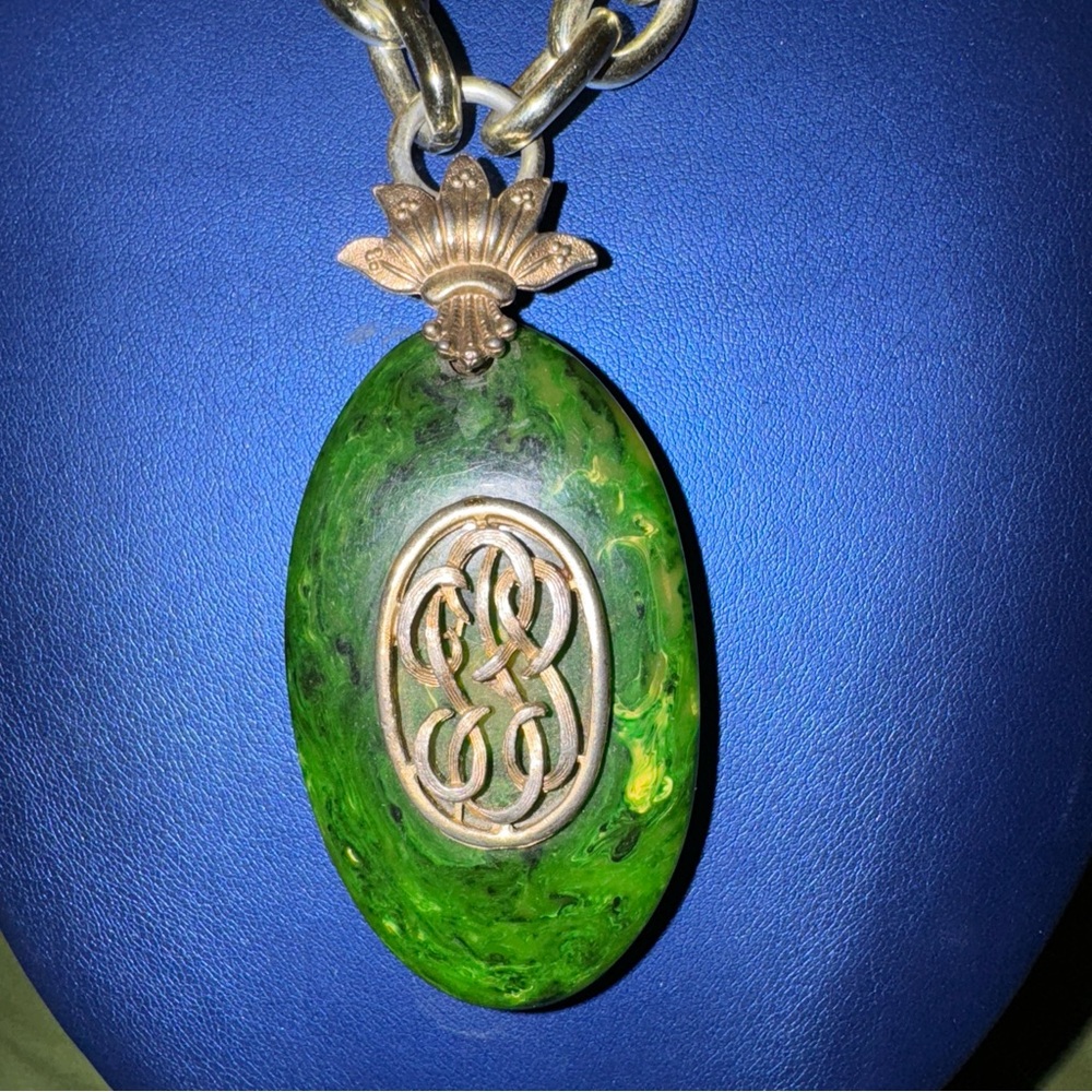 Green Bakelite charm with necklace 15” Germany stamped